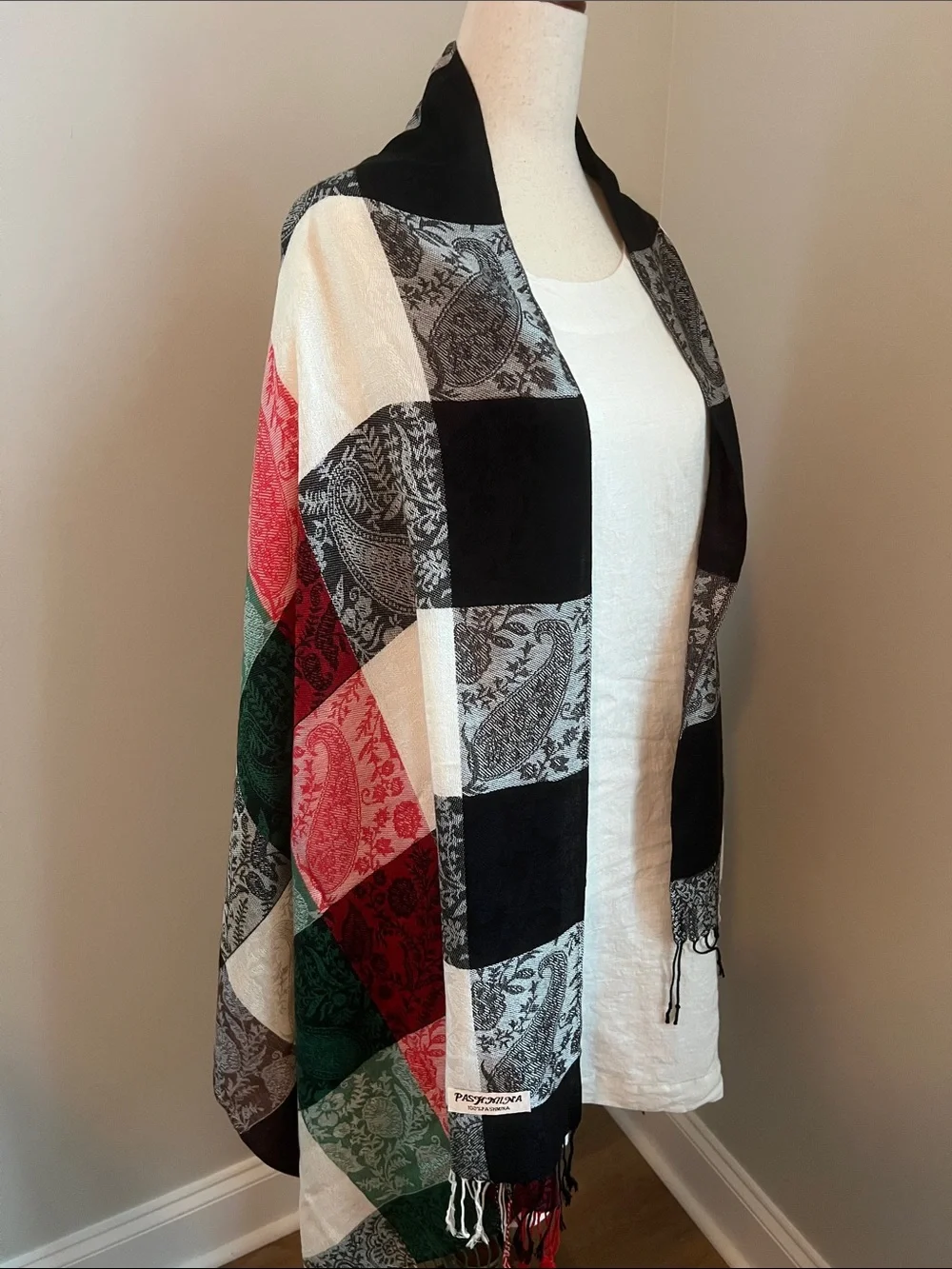pashmina | Black, White, Red & Green Paisley Patch Scarf Wrap Sz 76” L x 27” W